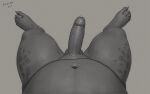2024 5_toes aduran balls belly claws digital_drawing_(artwork) digital_media_(artwork) erection feet first_person_view genitals glans greyscale hi_res humanoid_genitalia humanoid_penis male monochrome navel penis scalie solo toe_claws toes