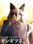  1girl animal_ears bow bowtie extra_ears fox_ears fox_girl fox_tail glasses gloves grey_hair highres jacket kemono_friends long_hair looking_at_viewer necktie outdoors shirt silver_fox_(kemono_friends) solo tail tj_minako translation_request yellow_eyes 