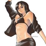  1girl arm_up bikini bikini_top_only black_bikini black_hair black_jacket black_pants breasts english_commentary from_below gabshax highres jacket light_smile looking_at_viewer medium_hair navel nico_robin one_piece pants simple_background solo swimsuit twitter_username underboob upper_body white_background 