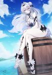  1girl :3 absurdres arbiter_the_empress_iii_(azur_lane) asymmetrical_footwear azur_lane bare_legs barrel bird breasts cleavage commission crossed_legs curly_hair day dress english_commentary from_below from_side full_body hair_between_eyes hair_bun hand_on_own_leg high_heels highres irkawaza large_breasts leaning_forward legs long_hair looking_at_viewer looking_down midriff mismatched_footwear outdoors pale_skin pink_eyes purple_eyes revealing_clothes seagull single_hair_bun siren_(azur_lane) solo thighs very_long_hair white_dress white_hair 
