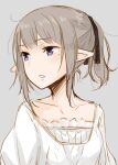  1girl ayakura_juu commentary_request dress elf expressionless grey_background grey_hair looking_to_the_side mole mole_under_eye original parted_lips pointy_ears ponytail purple_eyes short_hair sidelocks simple_background sketch solo white_dress 