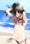  1girl ;d absurdres alternate_costume armpits arms_behind_head arms_up beach bikini black_hair blush breasts closed_eyes facing_viewer floating_hair happy highres idolmaster idolmaster_shiny_colors kazano_hiori light_rays micro_bikini mutsumura_ryuuichi navel one_eye_closed open_mouth outdoors ponytail side-tie_bikini_bottom skindentation small_breasts smile solo stomach string_bikini swimsuit upper_body 