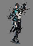  1girl absurdres apex_legends black_bodysuit black_eyeliner blue_eyes blue_hair blue_lips bodysuit breasts cable catalyst_(apex_legends) english_commentary eyeliner full_body grey_background highres liquid looking_at_viewer makeup multicolored_hair official_art open_hands realistic shadow short_hair small_breasts smile solo soojung_lee streaked_hair walking 