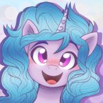 balychen_(artist) blue_hair equid equine female fur hair hasbro hi_res horn izzy_moonbow_(mlp) mammal mlp_g5 my_little_pony mythological_creature mythological_equine mythology open_mouth open_smile pink_body pink_fur portrait purple_eyes smile unicorn