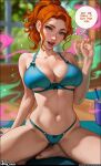  1girl arm_at_side aroma_sensei bare_legs bare_shoulders barefoot blue_bra blue_panties blurry blurry_background blush body_freckles bottle bra breasts cleavage collarbone covered_nipples drinking_straw english_commentary freckles fumes green_eyes hand_on_own_thigh highres indoors large_breasts legs_folded lips looking_at_viewer motion_blur navel on_floor open_mouth orange_hair panties patreon_username plant ponytail raised_eyebrow robin_(stardew_valley) sexually_suggestive shadow signature smile solo sparkle speech_bubble stardew_valley stomach sunlight sweat talking underboob underwear window wooden_floor workout_clothes yellow_bra yoga_mat zipper zipper_pull_tab 