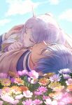  1boy 1girl blue_hair blue_sky blue_tunic capelet closed_eyes cloud crowdance elf flower frieren grass highres himmel_(sousou_no_frieren) lying mole mole_under_eye on_back on_stomach parted_bangs pointy_ears sky sleeping sousou_no_frieren twintails white_capelet white_hair 