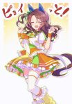  1girl absurdres animal_ears ascot brown_hair dress ear_covers frilled_dress frills gradient_background hair_between_eyes highres horse_ears horse_girl horse_tail king_halo_(umamusume) multicolored_clothes neko_senshi open_mouth orange_ascot puffy_short_sleeves puffy_sleeves short_sleeves smile solo tail thighhighs umamusume wavy_hair white_thighhighs 