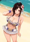  1girl arm_on_own_head armpit_crease artist_name bare_shoulders beach breasts brown_hair cleavage collarbone commentary final_fantasy final_fantasy_vii final_fantasy_vii_rebirth final_fantasy_vii_remake flower frilled_bikini_top hair_flower hair_ornament hayato_stuff highleg highres large_breasts long_hair navel official_alternate_costume outdoors red_eyes smile solo standing teeth tifa_lockhart tifa_lockhart_(shining_spirit) twitter_username water 