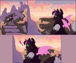 andromorph anthro blush blush_lines cloud comic darkstar_(spicygvts) demon detailed_background domestic_cat dragunsnack exclamation_point felid feline felis grass hi_res hybrid intersex mammal mountain outside plant sky solo sunset wings