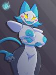 anthro armless big_breasts blue_nipples blush bodily_fluids breasts cable_tail cum darkner deltarune felid feline female floating_hands genital_fluids hi_res machine mammal nipples robot solo tasque_manager undertale_(series) vivzlover yellow_eyes