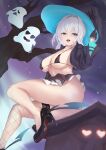 1girl :d absurdres arm_behind_back ass azur_lane bare_legs bikini black_gloves black_jacket blue_eyes breasts commentary_request covered_nipples crop_top fishnet_thighhighs fishnets from_below from_side full_body ghost gloves hair_between_eyes half-closed_eyes half_gloves hand_up hat high_heels highres jacket jade_(a_good_girl&#039;s_magic)_(azur_lane) jade_(azur_lane) large_breasts leg_up legs looking_at_viewer looking_back looking_down m-edge medium_breasts medium_hair micro_bikini miniskirt night night_sky open_clothes open_jacket outdoors pleated_skirt revealing_clothes single_bare_leg single_fishnet_legwear sitting skirt sky smile solo swimsuit thighhighs thighs upskirt white_hair witch_hat 