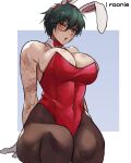  animal_ears breasts burn_scar funi_xd green_hair highres jujutsu_kaisen pantyhose playboy_bunny rabbit_ears round_eyewear scar scar_on_arm scar_on_face short_hair simple_background zen&#039;in_maki 