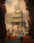  architecture building canyon cliff column concept_art day desert east_asian_architecture fantasy field highres hill lake landscape mountain original outdoors pillar river rock scenery shrine stairs temple valley yutaabeshimpo 