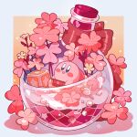  1boy :d absurdres block_(object) border bubble colored_skin flower glass glef_life handheld_game_console highres holding holding_handheld_game_console kirby kirby_(series) nintendo_switch open_mouth orange_background outside_border pink_flower pink_skin potion shell smile star_(symbol) vial white_border 