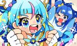  2girls ahoge arms_up behind_another blonde_hair blue_background blue_hair blue_shirt blunt_bangs blush bow brooch clenched_hands cloud colored_inner_hair cure_sky dual_persona fingerless_gloves gloves hair_bow hands_up highres hirogaru_sky!_precure jewelry long_hair looking_at_viewer multicolored_hair multiple_girls open_mouth pink_hair polka_dot polka_dot_background precure shirt short_sleeves side_ponytail single_sidelock smile sora_harewataru sparkle sparkling_eyes streaked_hair striped_clothes striped_shirt taoru_(towtowru) twintails upper_body white_gloves yellow_bow 