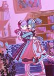  2girls apron blue_eyes blue_hair blurry blurry_foreground book bookshelf closed_mouth couch dress dutch_angle gift highres hug indoors kagenoyuhi lamp long_hair long_sleeves looking_at_viewer maid maid_apron maid_headdress multiple_girls no_shoes original painting_(object) plant pleated_skirt ponytail purple_hair school_uniform serafuku short_hair skirt socks standing stuffed_animal stuffed_toy teddy_bear yellow_eyes 