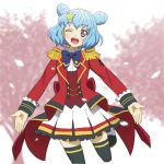  :d ;d aikatsu!_(series) aikatsu_stars! black_legwear blue_bow blue_hair blue_neckwear blush bow commentary double_bun dress epaulettes hair_ornament haruka_ruka idol_clothes jacket long_sleeves looking_at_viewer miniskirt one_eye_closed onomekaman open_mouth petals pleated_skirt purple_eyes red_jacket s4_uniform school_uniform skirt smile solo star star_hair_ornament tassel thighhighs tree white_skirt zettai_ryouiki 