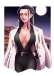  1girl belt black_hair black_pants black_shirt blue_eyes breasts coat coat_on_shoulders earrings english_commentary hair_slicked_back hand_in_pocket highres jewelry long_hair looking_to_the_side moon nico_robin night night_sky one_piece pants plunging_neckline shirt shuravf sidelocks sky smile solo stairs 
