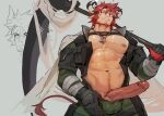 1boy abs absurdres animal_ears arknights bara bare_pectorals come_hither covered_testicles cow_boy cow_ears cow_horns dendryte_axxon dog_tags doodle_inset erection girthy_penis green_jumpsuit highres holding holding_scythe horns humus_(arknights) jumpsuit large_pectorals large_penis looking_at_viewer male_focus mature_male multicolored_hair muscular muscular_male navel navel_hair nipples open_jumpsuit over_shoulder pectorals penis presenting_penis red_hair scythe short_hair smile standing stomach streaked_hair sweat thick_eyebrows thick_navel_hair uncensored unfinished weapon weapon_over_shoulder 