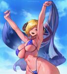  1girl australian_flag australian_flag_bikini bikini black_sclera blonde_hair blue_bikini breasts cameltoe colored_sclera commission covered_nipples freckles highres horns huge_breasts open_mouth original purple_eyes sayanestia short_hair sky solo swimsuit thick_thighs thighs 