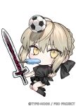  1girl artoria_pendragon_(alter_swimsuit_rider)_(fate) artoria_pendragon_(fate) ball black_bow black_shirt black_skirt black_socks blonde_hair bow braid chibi expressionless fate/grand_order fate_(series) food food_in_mouth hair_between_eyes hair_bow holding holding_sword holding_weapon ice_cream kneehighs looking_at_viewer nipi27 official_art shirt simple_background skirt soccer_ball socks solo sword weapon white_background yellow_eyes 