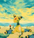  all_fours ampharos aruco_co blue_skin colored_skin evolutionary_line forehead_jewel looking_down looking_up outdoors pokemon pokemon_(creature) sheep standing tail yellow_skin 