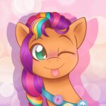 badge bag balychen_(artist) earth_pony equid equine fur green_eyes hair hasbro hi_res horse looking_at_viewer mammal mlp_g5 multicolored_hair my_little_pony one_eye_closed orange_body orange_fur pony ponytail portrait purple_hair rainbow_hair sunny_starscout_(mlp) tongue tongue_out two_tone_hair wink winking_at_viewer