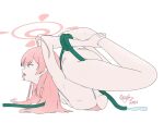  barefoot belly blue_archive braid breasts contortion feet flexible green_eyes hair_between_eyes halo hanako_(blue_archive) holding_feet hose huge_breasts long_hair open_mouth pink_hair signature simple_background sirwattz thighs white_background 