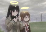  ... 2girls angel angel_wings arms_at_sides black_eyes black_hair brown_coat brown_eyes brown_hair brown_jacket cigarette closed_mouth coat collared_coat collared_jacket commentary diu9you english_commentary feathered_wings grass haibane_renmei halo hands_up highres holding holding_lighter jacket light light_smile lighter lighting_cigarette long_hair long_sleeves messy_hair multiple_girls neckerchief outdoors overcast rakka_(haibane) red_sailor_collar reki_(haibane) sailor_collar school_uniform serafuku sidelocks sky smoking translation_request turtleneck upper_body wind_turbine wings 