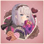  1girl black_ribbon blue_eyes blunt_bangs bob_cut box candle_no_kaori_wa_omoide_to_tomo_ni_(project_sekai) candy chocolate closed_mouth commentary earrings food gloves gold_ribbon grey_hair hands_up heart heart-shaped_box heart-shaped_chocolate highres holding jewelry looking_at_viewer lushuao official_alternate_costume official_alternate_hair_length official_alternate_hairstyle project_sekai purple_gloves ribbon short_hair solo yoisaki_kanade 