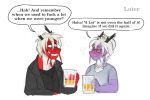  2018 alcohol anthro artbeta beer beverage blush dialogue digital_media_(artwork) dragon drunk duo eastern_dragon female flesh_whiskers heart_a._chicago male male/female simple_background styx_y._renegade 
