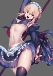  apron arm_up artoria_pendragon_(all) artoria_pendragon_(swimsuit_rider_alter) bikini black_bikini black_jacket black_legwear braid breasts commentary_request fate/grand_order fate_(series) french_braid frilled_apron frilled_bikini_top frills gun handgun highres holding holding_gun holding_weapon hood hoodie jacket laser_sight leg_garter long_sleeves looking_at_viewer maid_bikini maid_headdress open_clothes open_hoodie open_jacket open_mouth pistol rahato small_breasts solo swimsuit thighhighs waist_apron weapon yellow_eyes 