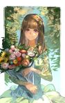  1girl absurdres bouquet brown_hair closed_mouth dress flower green_dress hands_up highres holding holding_bouquet kasumi_yuzuha long_sleeves looking_at_viewer medium_hair original purple_eyes shadow smile solo sunlight tree upper_body 
