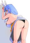 1girl animal_ears apron ass bent_over black_panties blue_apron blue_hair blush breasts covered_mouth dismassd feet_out_of_frame grey_background highres hololive large_breasts long_hair mature_female multicolored_hair orange_eyes panties pekomama rabbit_ears rabbit_girl rabbit_tail short_eyebrows sideboob solo standing streaked_hair tail thick_eyebrows two-tone_background two-tone_hair underwear virtual_youtuber white_background white_hair 