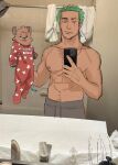  2boys bara cowboy_shot creature dark-skinned_male dark_skin green_hair highres holding holding_baby holding_phone how_to_hold_my_baby_redraw_(meme) izzy_(d0kid0k1) looking_at_viewer male_focus meme mirror_image multiple_boys one_piece phone photo-referenced photo_background roronoa_zoro selfie short_hair smug sparse_chest_hair sparse_navel_hair standing toned toned_male tony_tony_chopper topless_male 