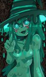  absurdres basedbinkie blush clover-shaped_pupils colored_skin colored_tongue dripping green_eyes green_skin green_tongue hat highres long_hair looking_at_viewer monster_girl nude original slime_girl smile symbol-shaped_pupils witch_hat 
