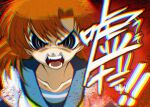  ! !! 1girl angry blue_eyes blue_sailor_collar bright_pupils close-up collarbone commentary fangs furious grimace hair_between_eyes higurashi_no_naku_koro_ni looking_at_viewer medium_hair official_art open_mouth orange_hair red_background ryuuguu_rena sailor_collar simple_background slit_pupils solo suzuragi_karin teeth translated v-shaped_eyebrows white_pupils 