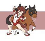  1girl animal_ears brown_background brown_hair buruma creature_and_personification ear_covers gentildonna_(racehorse) gentildonna_(umamusume) horse horse_ears horse_girl horse_tail jacket long_hair red_buruma red_jacket shoes sidelocks simple_background sneakers tail takadano_paka tracen_training_uniform track_jacket two-tone_background umamusume white_background 