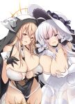  2girls absurdres azur_lane black_gloves blonde_hair blue_eyes blue_gemstone breast_cutout breasts cleavage cowboy_shot deep_skin detached_collar dress elbow_gloves fake_horns garter_straps gem gloves grabbing_own_breast habit hair_between_eyes halo hand_on_own_chest hanging_breasts highres horns huge_breasts illustrious_(azur_lane) implacable_(azur_lane) leaning_forward long_bangs long_hair looking_at_viewer mechanical_halo mikuchi3939 multiple_girls nun open_mouth pelvic_curtain revealing_clothes see-through see-through_dress simple_background thighhighs two-tone_dress veil very_long_hair white_background white_dress white_garter_straps white_gloves white_hair white_hat white_horns white_thighhighs yellow_eyes 