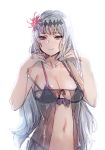  babydoll black_bra bow_(bhp) bra breasts circlet commentary_request dark_jeanne eyebrows_visible_through_hair flower granblue_fantasy hair_flower hair_ornament hands_up jeanne_d'arc_(granblue_fantasy) large_breasts lingerie long_hair looking_at_viewer navel red_eyes simple_background smile solo spider_lily underwear upper_body white_background 