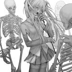  1girl bare_shoulders breasts detached_sleeves hair_ornament hatsune_miku highres holding holding_microphone holding_microphone_stand long_hair microphone microphone_stand necktie open_mouth sasakyu shirt simple_background skeleton skirt sleeveless thighhighs twintails very_long_hair vocaloid 