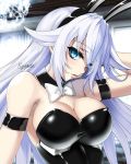  1girl animal_ears aqua_eyes bare_shoulders black_heart blush bow bowtie breasts bunny_ears bunnysuit choujigen_game_neptune cleavage detached_collar female large_breasts long_hair looking_at_viewer noire nyamota_(noraneko_koubou) parted_lips pose solo tied_hair upper_body white_hair wink 