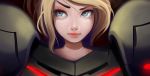  angelica_(k3lly) blonde_hair blue_eyes eyelashes highres lazy_eye lips looking_at_viewer looking_to_the_side metroid pink_lips raised_eyebrow samus_aran short_hair solo upper_body 