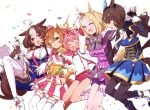  5girls admire_vega_(umamusume) ahoge animal_ears blonde_hair blush bow breasts brown_hair buruma cape closed_eyes confetti crown ear_covers ear_ornament ear_piercing ear_ribbon ears_down hair_between_eyes hair_intakes hairband haru_urara_(umamusume) headband holding_hands holding_own_tail horse_ears horse_girl horse_tail jacket jewelry large_breasts long_hair long_sleeves low_ponytail meisho_doto_(umamusume) mini_crown multicolored_hair multiple_girls nanaheibei_3 narita_top_road_(umamusume) open_mouth orange_hair orange_tail piercing pink_cape pink_hair pink_hairband pink_headband ponytail purple_eyes purple_shirt purple_shorts red_buruma red_headband ring shirt short_hair shorts single_ear_cover skirt smile t.m._opera_o_(umamusume) tail tail_through_clothes two-tone_hair two-tone_skirt umamusume white_background white_hair white_jacket 