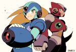  2boys arm_cannon armor blonde_hair blue_armor blue_helmet chest_jewel forehead_jewel highres kuroi_susumu long_hair mega_man_(series) mega_man_x_(series) multiple_boys red_armor red_helmet shaded_face shoulder_armor simple_background upper_body weapon white_background x_(mega_man) zero_(mega_man) 