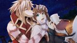  2boys alto_travers animal_ears animal_hands atelier-moo belt blue_eyes brown_hair closed_eyes cup dog_boy dog_ears dog_nose furry green_eyes hair_between_eyes highres holding holding_cup long_sleeves multiple_boys night night_sky open_mouth short_hair sky smile star_(sky) starry_sky volk_dartfang wizards_symphony wolf_boy 