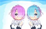  angelica_(k3lly) blue_eyes blue_hair breasts detached_sleeves hair_ornament hair_over_one_eye looking_at_viewer maid maid_headdress multiple_girls pink_eyes pink_hair pink_ribbon purple_ribbon ram_(re:zero) re:zero_kara_hajimeru_isekai_seikatsu rem_(re:zero) ribbon short_hair siblings sisters small_breasts traditional_media twins upper_body watercolor_(medium) x_hair_ornament 