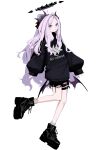  1girl absurdres amagasa_mike black_footwear black_horns black_shirt black_shorts blue_archive blush boots demon_horns demon_wings full_body halo highres hina_(blue_archive) horns long_hair multiple_horns open_mouth purple_eyes purple_wings shirt shorts simple_background sleeves_past_wrists socks solo white_background white_hair white_socks wings 