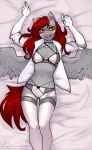  anthro bra clothed clothing equine feathered_wings feathers female hair legwear littlesheep looking_at_viewer lying mammal navel on_back open_shirt pegasus smile solo stockings thigh_highs underwear wings 