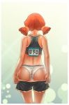  absurdres ass black_shirt black_shorts blurry bokeh commentary crop_top depth_of_field everlasting_summer facing_away from_behind gym_shorts gym_uniform hair_tie highres leonzo low_twintails number orange_hair panties pulled_by_self red_hair shirt short_shorts short_twintails shorts shorts_pull sleeveless sleeveless_shirt solo twintails underwear ussr-tan white_panties 